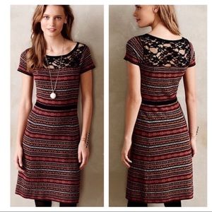 Lace Yoke Striped Knit Dress in Burgundy